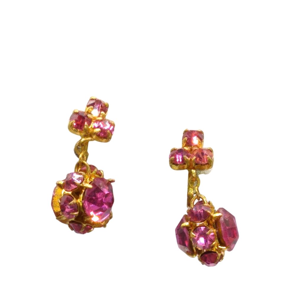 Vintage Czech Crystal Bead Drop Earrings, Perfect Pink Encrusted Dangles, Gold